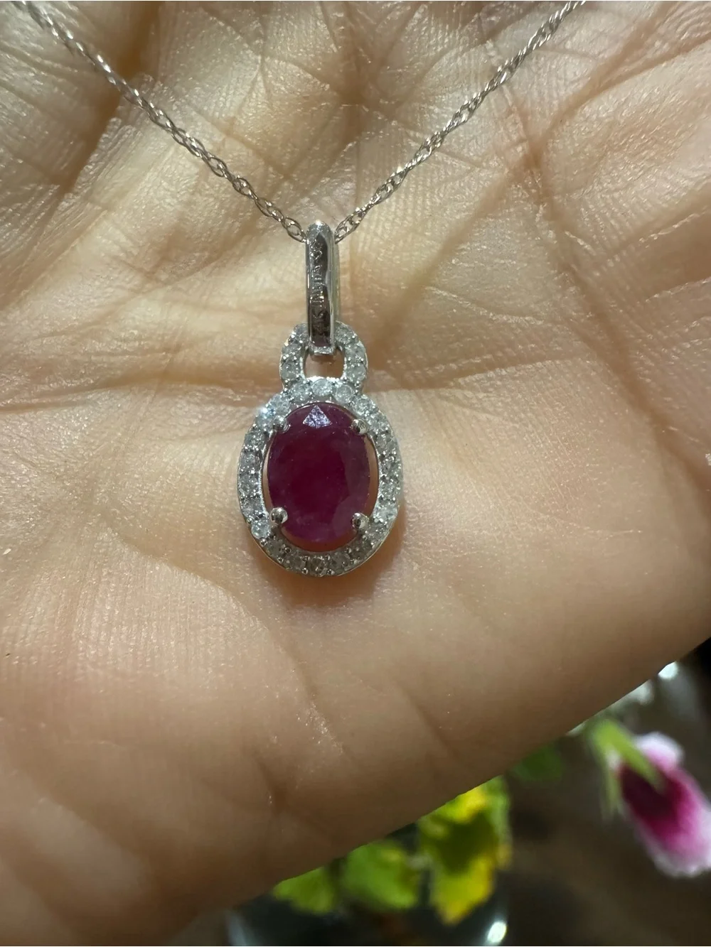 Vintage 1CT Natural Ruby & Diamonds Halo Pendant Necklace 10K White Gold - Picture 10 of 17